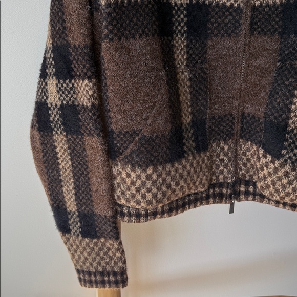 ZARA Plaid Zip Up Collared Soft Knit Sweater Brown Black Tan with Pockets L - Picture 8 of 16